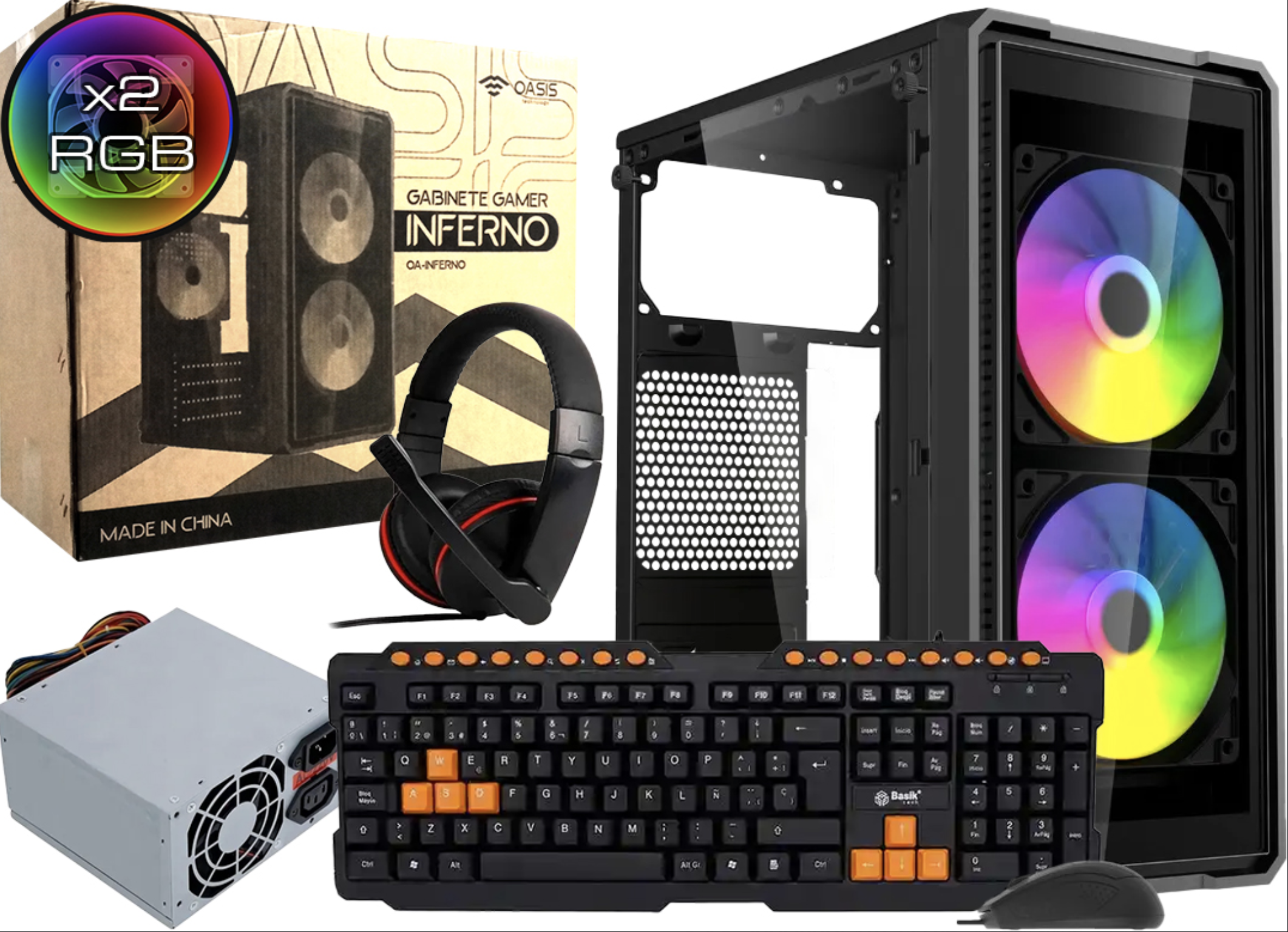 KIT GABINETE OASIS INFERNO FUENTE 432W FRENTE Y LATERAL TRANSPARENTE MICROATX MINIATX 2XCOOLER80MM RGB 1XUSB3.0 1XUSB2.0 2XJACK3.5MM DIMENSIONES 267X1