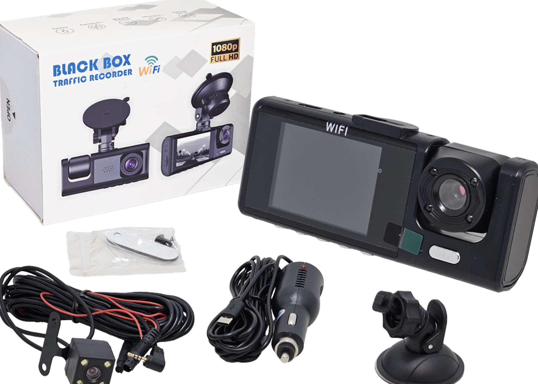 CAMARA DASHCAM 1080P CON WIFI TRIPLE GRABA CALLE PASAJERO Y MOVIL MICROFONO PANTALLA 2 PULGADAS SOPORTA MICROSD NO INCLUIDA INCLUYE SOPORTE TRANSFORMA