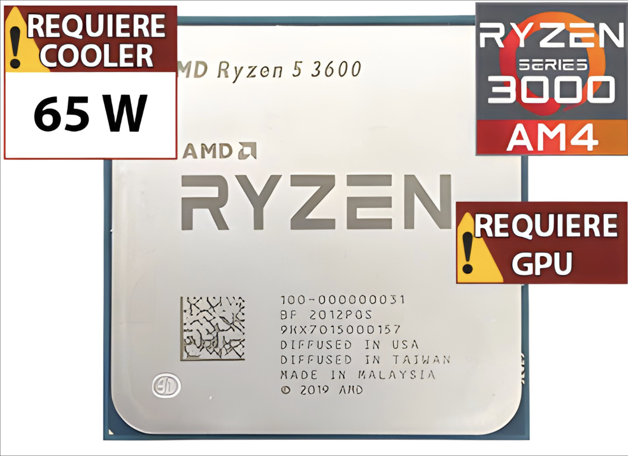 PROCESADOR AMD RYZEN 5 3600 4.2GHZ 6 NUCLEOS 12 HILOS 32MB L3 CACHE 65W AM4 - NO TRAE VIDEO INTEGRADO - OUTLET - USADO - OEM - SIN CAJA NI COOLER VENT