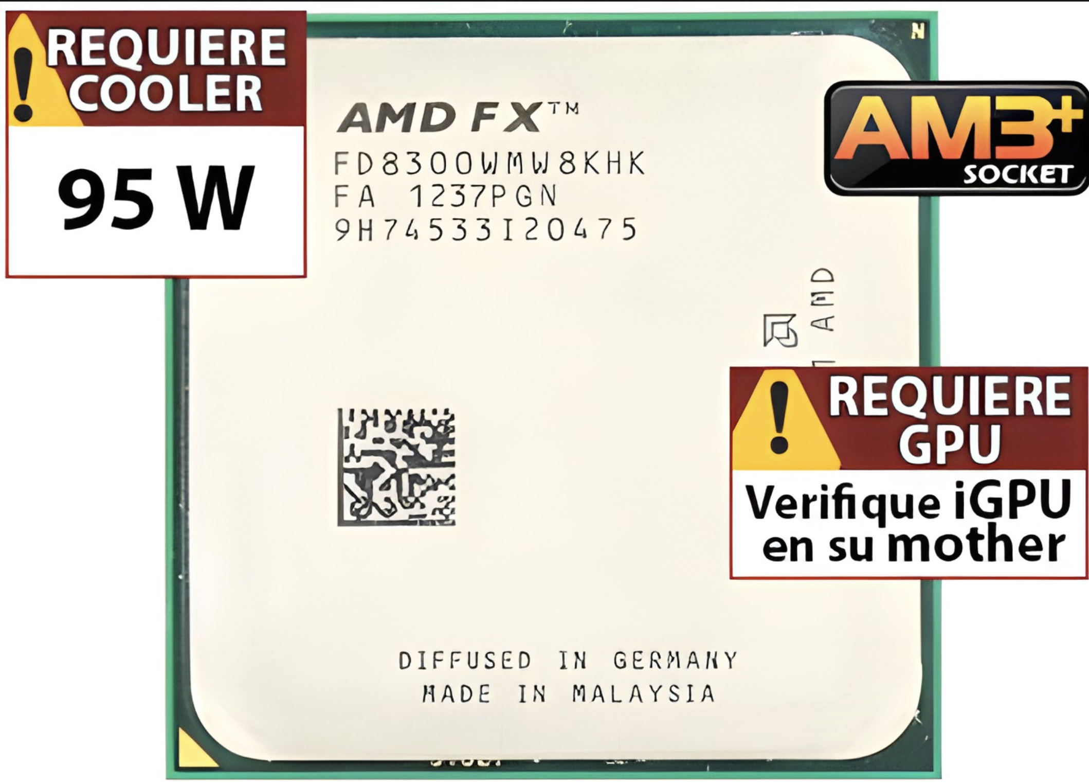 PROCESADOR AMD FX-8300 3.3GHZ HASTA 3.9GHZ 8 NUCLEOS 8 HILOS 8MB CAHE L2 TDP 95W AM3+ - OUTLET - USADO - OEM - SIN CAJA NI COOLER VENTILADOR