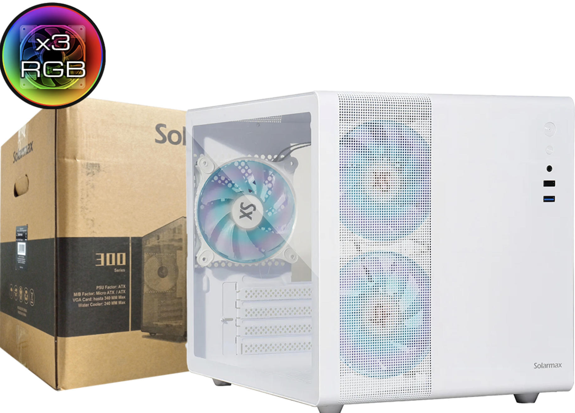 GABINETE SOLARMAX CM-B300-SF MICROATX FRENTE RGB 1XUSB 2.0 1XUSB3.0 2XJACK3.5MM 2X3.5 3XSSD 3 COOLER 120MM RGB VGA HASTA 340MM DIMENSIONES 356X276X304