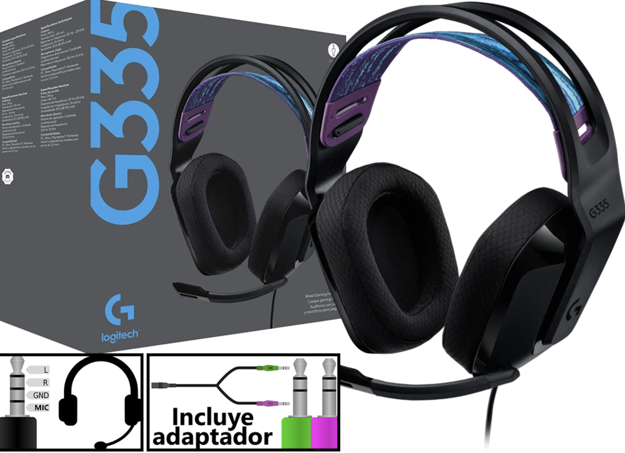 AURICULAR VINCHA LOGITECH G335 CONECTOR PLUG 3.5MM PESO 240G COMPATIBLE CON PLAYSTATION 4 XBOX NINTENDO PC Y CELULARES GAMING GAMER NEGRO