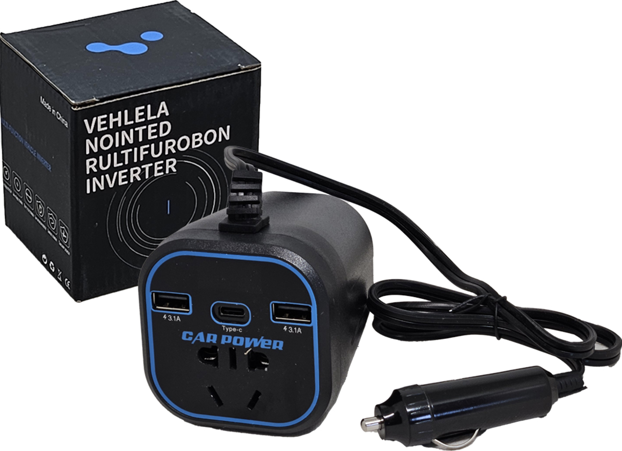 INVERSOR DE CORRIENTE 12V 24V A 220V 2XUSB 1XUSBTIPOC 150W REAL 45W ENCHUFE UNIVERSAL DISPLAY CON VOLTAJE