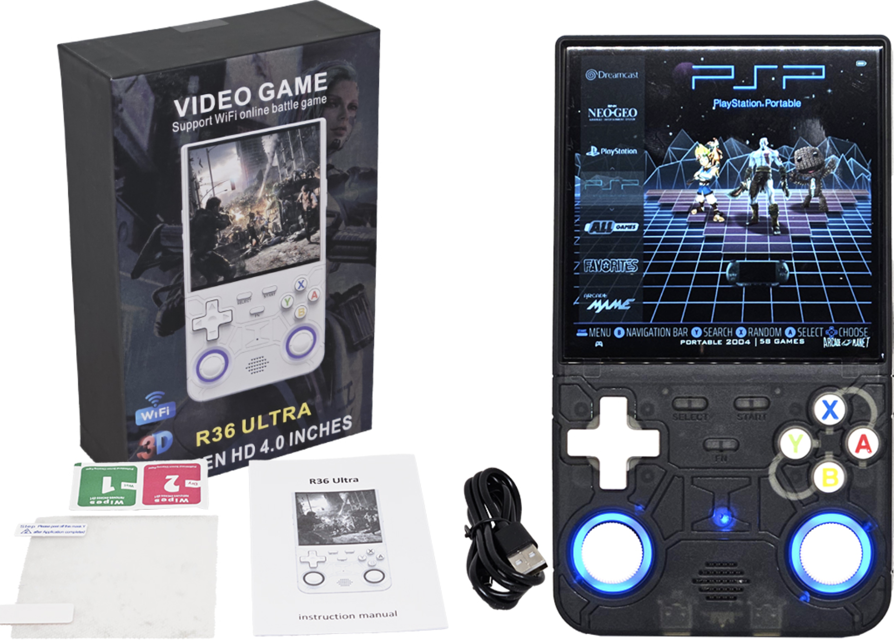 CONSOLA JUEGOS R36 ULTRA 8GB PSP DC PS1 NDS N64 CPS1 CPS2 CPS3 FBA NEOGEO GBA GBC GB SFC FC MD SOPORTA MICROSD HASTA 256GB BATERIA 3500MAH 720X720 IPS