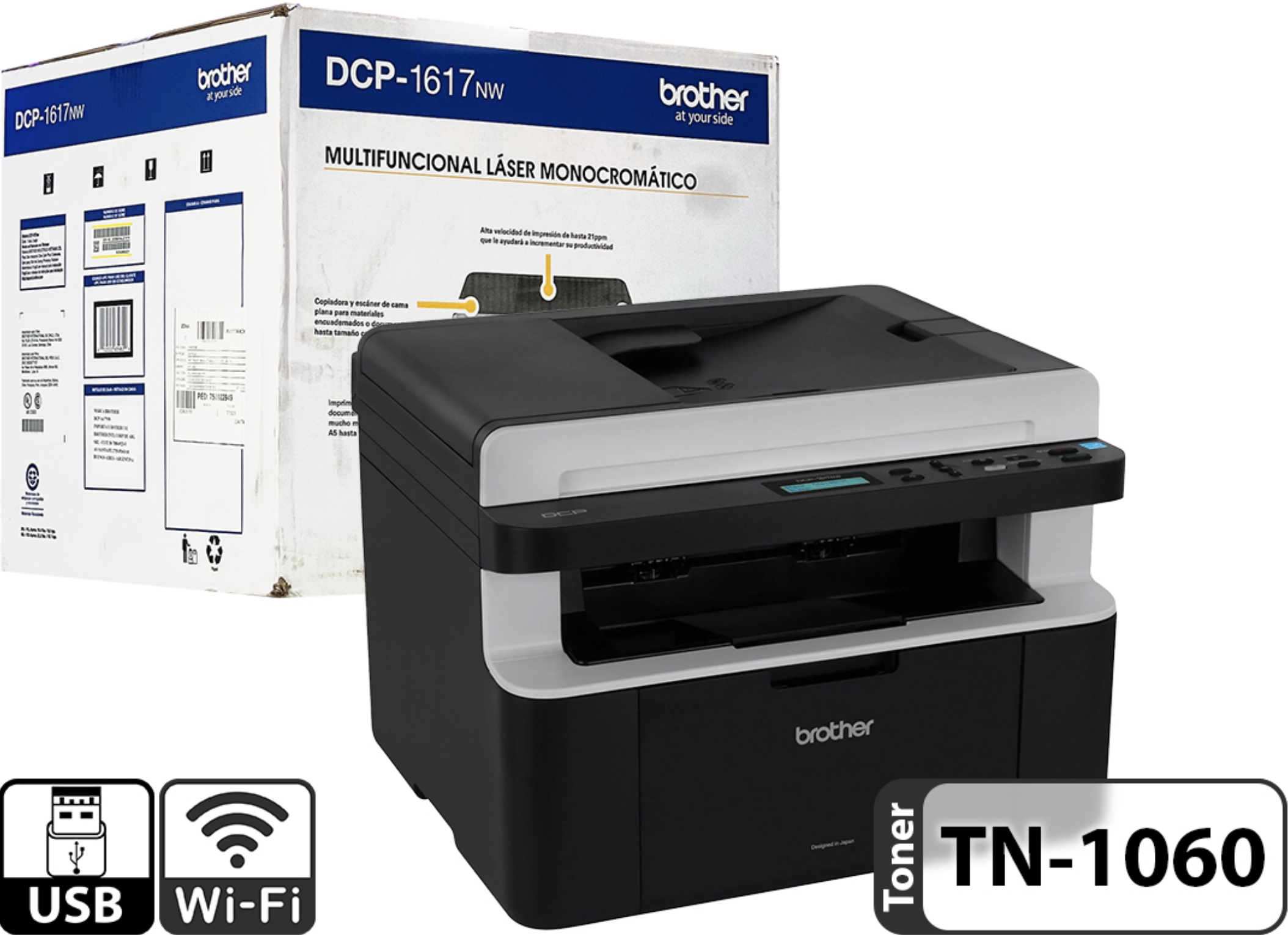IMPRESORA BROTHER DCP-1617NW MULTIFUNCION WIFI LASER MONOCROMATICA - USA TONER ECONOMICO TN-1060