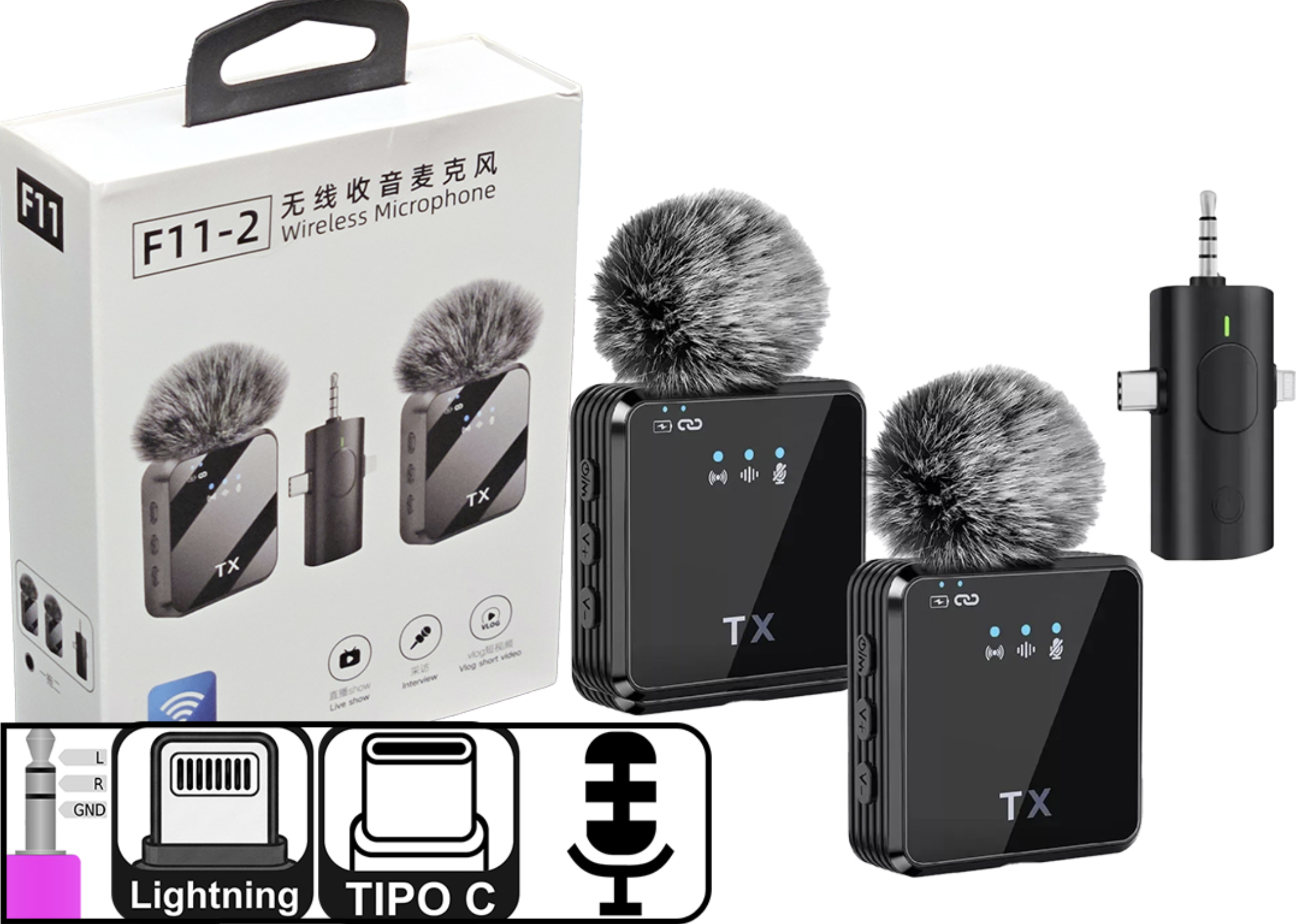 MICROFONO F11-2 LSP-02 X2 UNIDADES 3 EN 1 TIPO C LIGHNING Y PLUG 3.5MM BLUETOOTH ENTREVISTAS PERIODIOSMO AIRE LIBRE