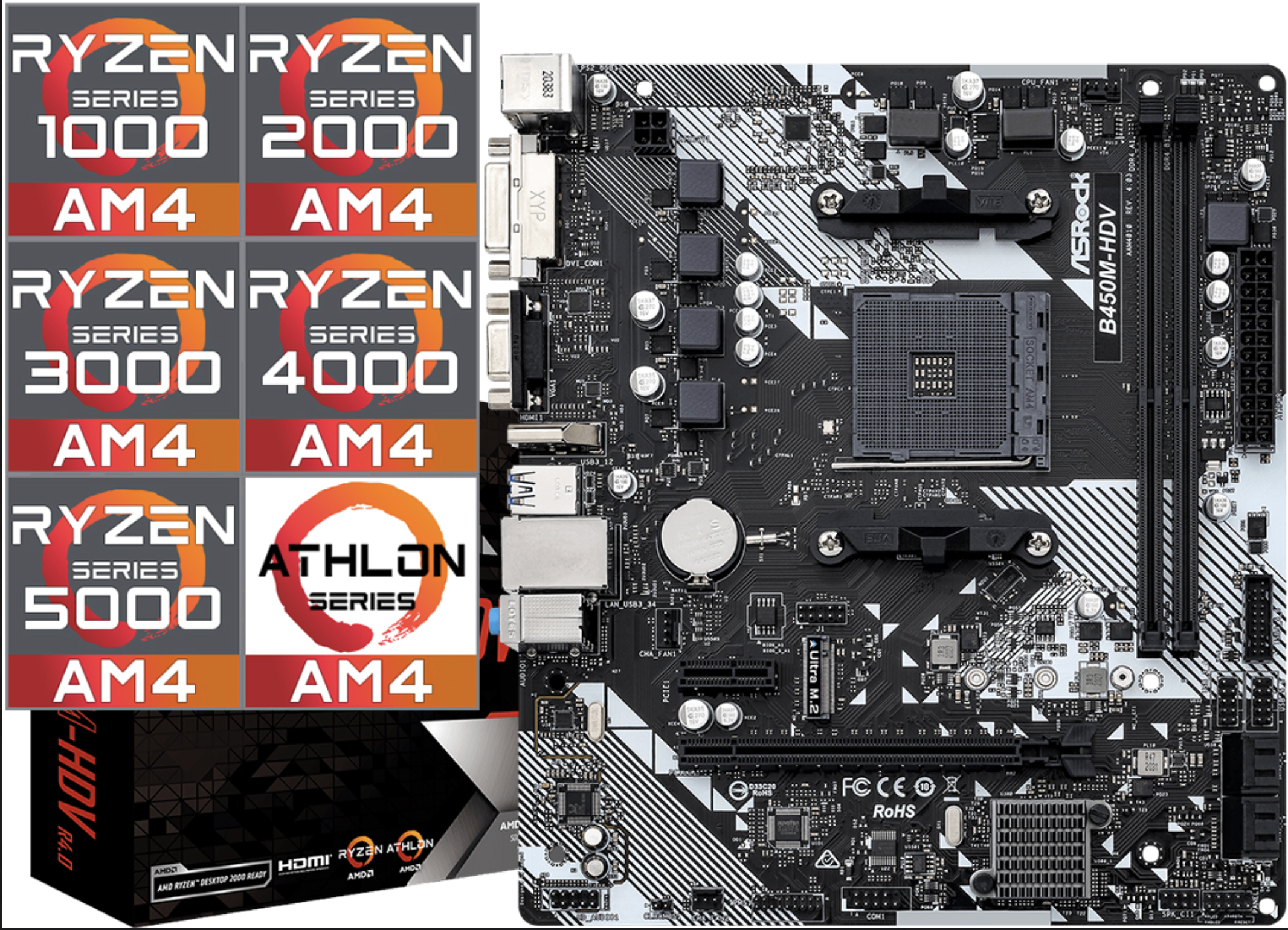 MOTHER ASROCK B450M-HDV R4.0 PS2 DVI-D VGA HDMI 2XDDR4 4XSATA 1XM2 1XPCIEX16 1XPCIEX1 2XUSB3.1 2XUSB3.0 RJ45 AM4 RYZEN SERIE 1000 2000 3000 4000 5000 