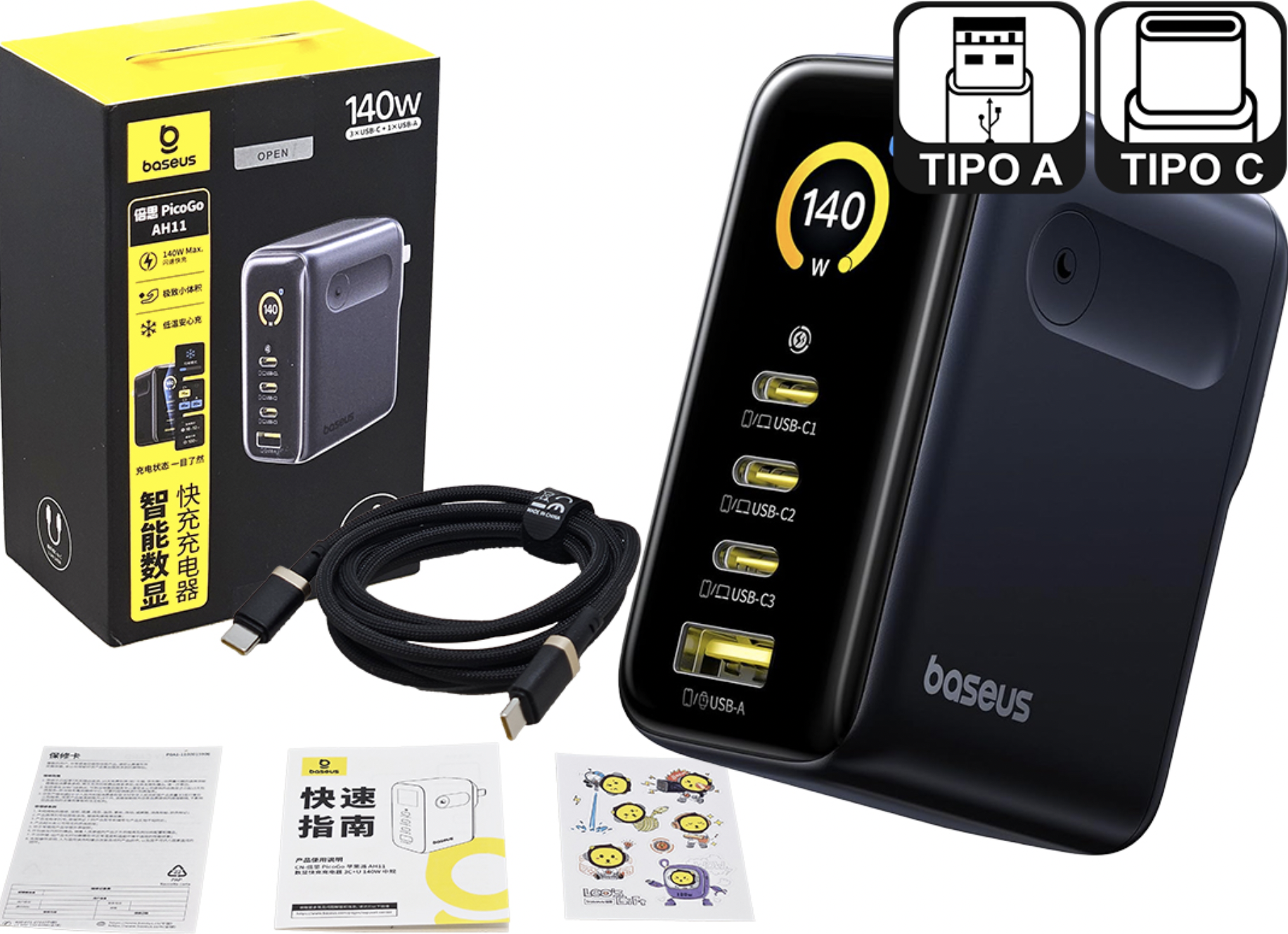 CARGADOR 220V 5V 9V 10V 12V 15V 20V 3XUSBTIPOC 1XUSBH 140W BASEUS PICOGO E01207 AFC FCP PPS QC3.0 QC4 QC4+ PD3.0 PD3.1 TECNOLOGIA GAN CON PANTALLA DIG