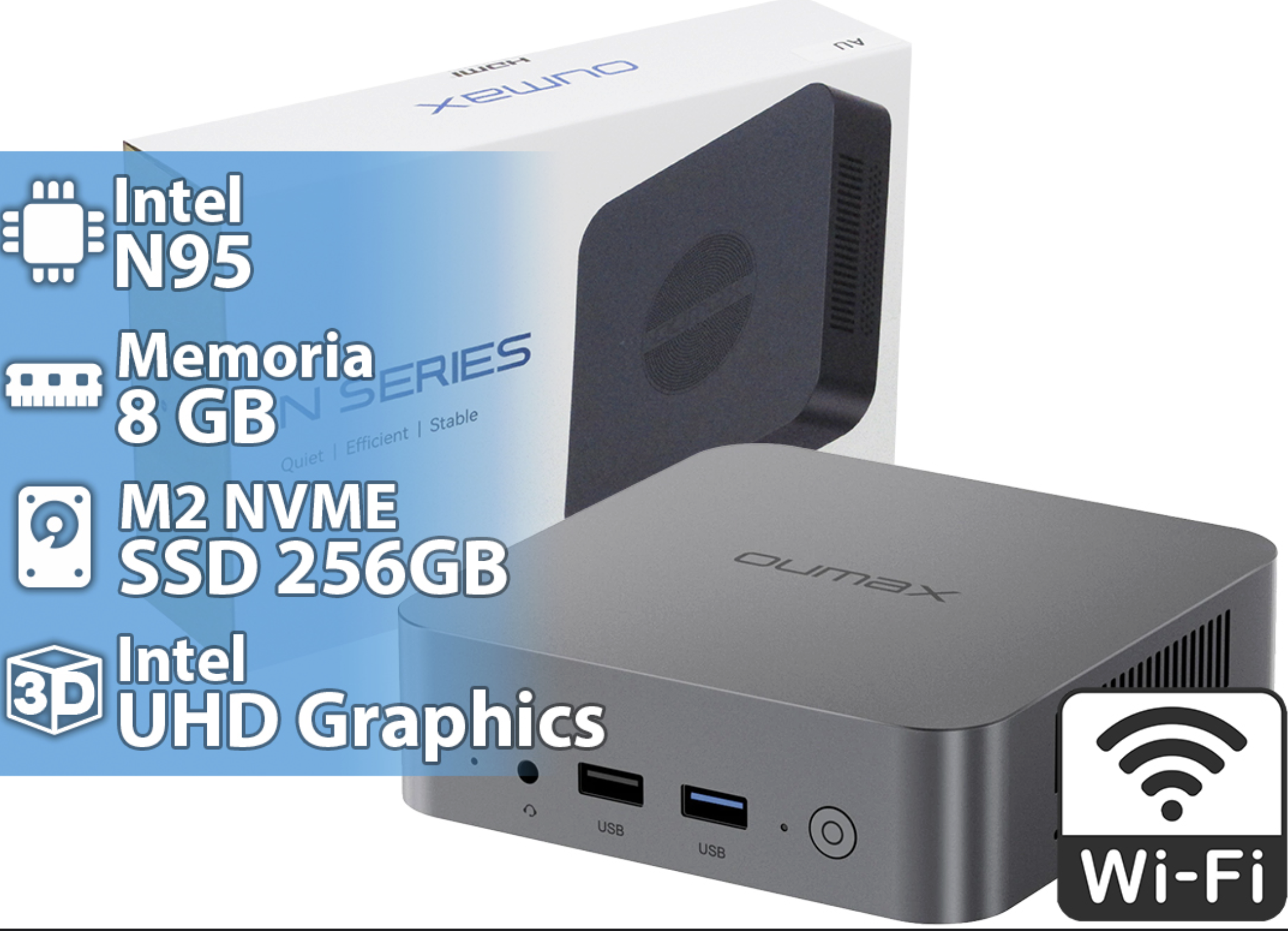 MINI PC OUMAX MAX INTEL N95 QUADCORE 3.4GHZ 8GB 256GB 3XUSB3.0 3XUSB2.0 2XHDMI 1X3.5 WIFI DUAL BAND BT4.0 RJ45 CABLE DE ALIMENTACION Y HDMI WIN11PRO -