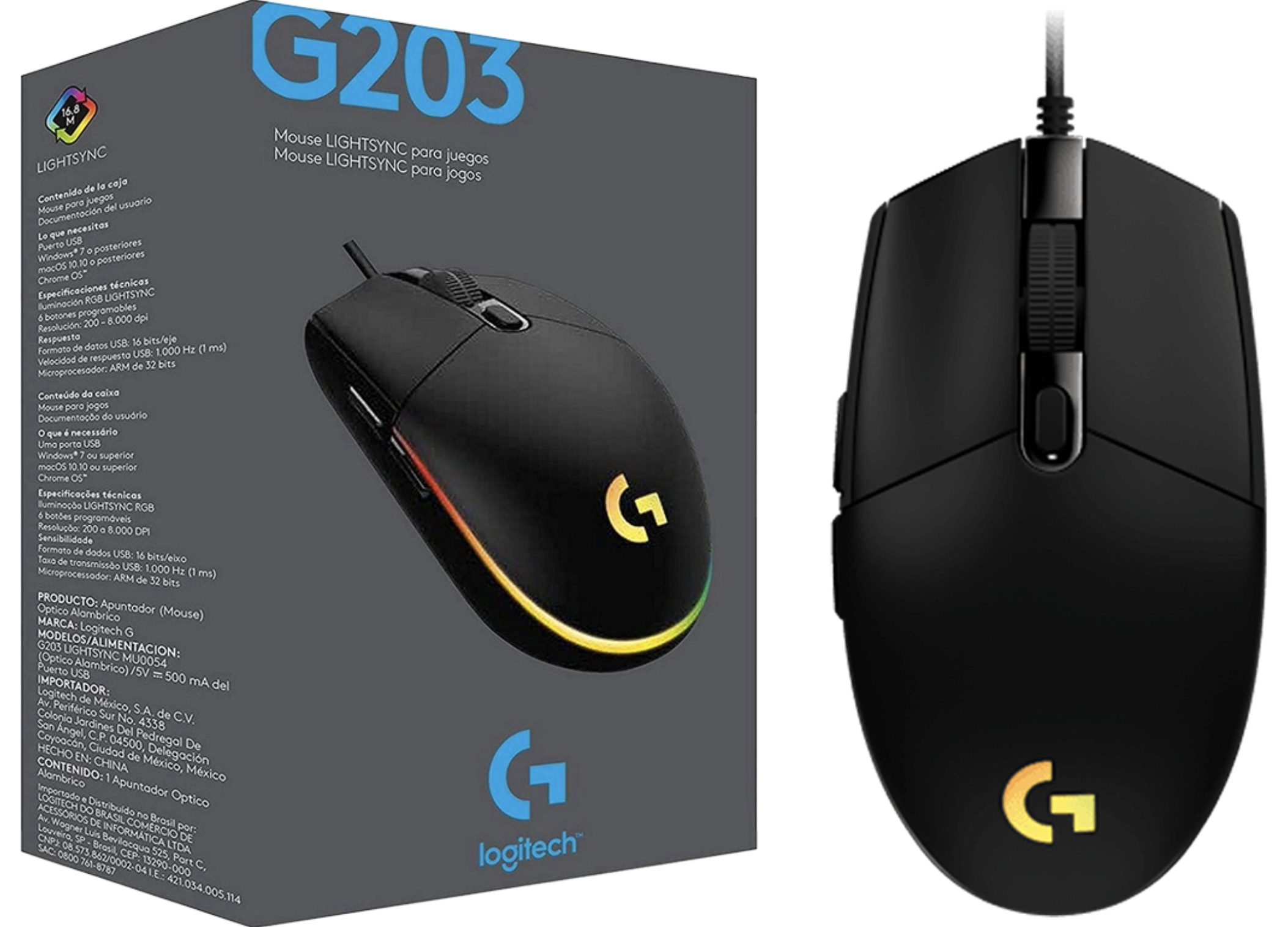 MOUSE LOGITECH G203 LIGHTSYNC RGB 200 A 8000DPI 1MS ARM 32BITS VELOCIDAD MAXIMA 300 IPS LENTE OPTICO 6 BOTONES NEGRO