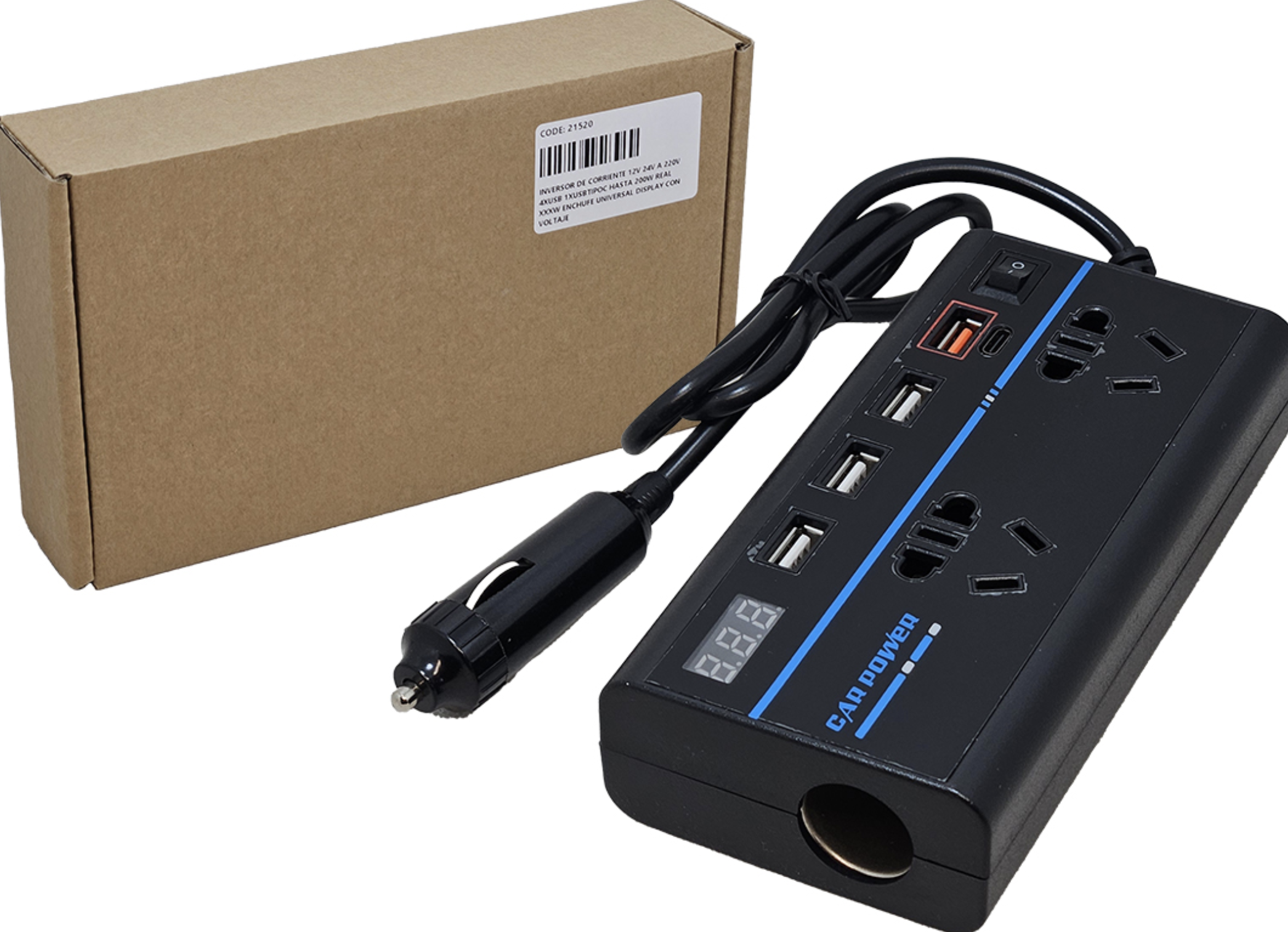 INVERSOR DE CORRIENTE 12V 24V A 220V 4XUSB 1XUSBTIPOC HASTA 200W REAL 100W ENCHUFE UNIVERSAL DISPLAY CON VOLTAJE
