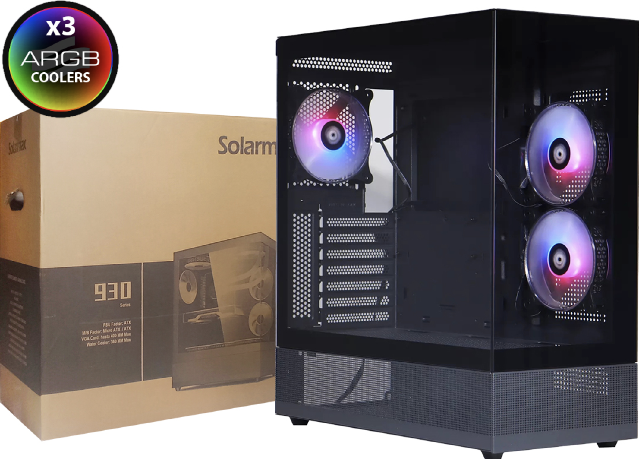 GABINETE SOLARMAX B930 ATX MICROATX FRENTE RGB Y LATERAL TRANSPARENTE 3 COOLER 120MM ARGB INCLUYE CONTROLADORA 1XUSB 2.0 1XUSB3.0 1XUSBTIPOC 2XJACK3.5