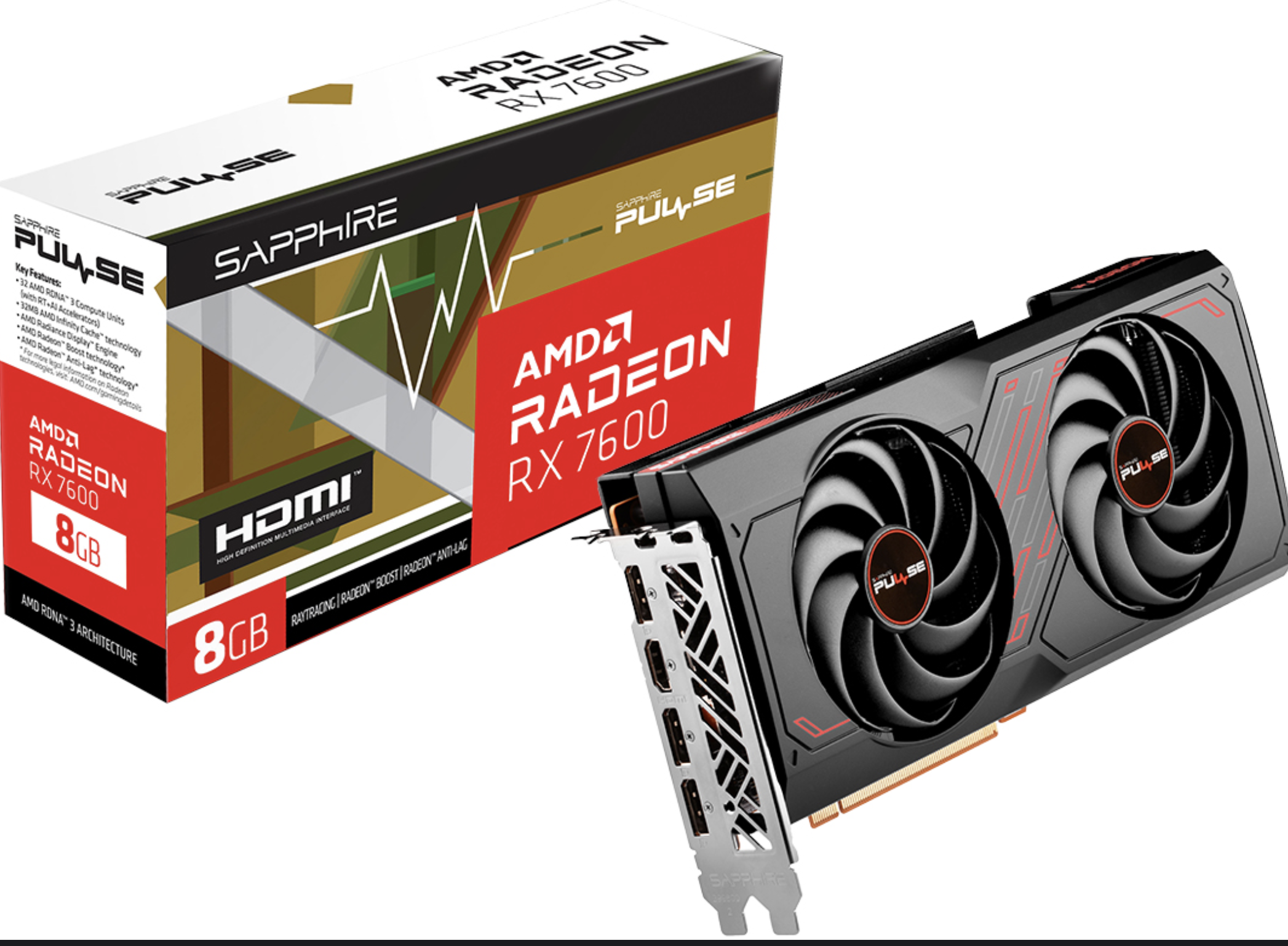 PLACA VIDEO VGA SAPPHIRE RADEON RX7600 PULSE 8GB GDDR6 3XDISPLAYPORT 1XHDMI - REQUIERE ALIMENTACION PCIE 8 PINES