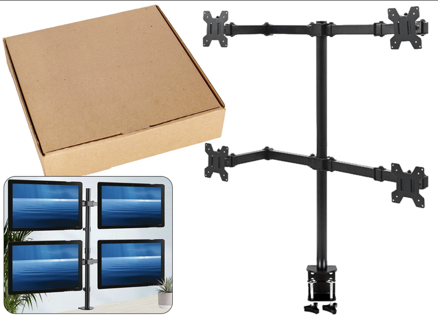 SOPORTE CUADRUPLE BRAZO 4 MONITOR 10 A 32 PULGADAS VESA 75X75 100X100 ALTURA AJUSTABLE MAXIMO 80CM PESO HASTA 10KG PRENSA DE PRECION DOBLE MOVIL DE ME