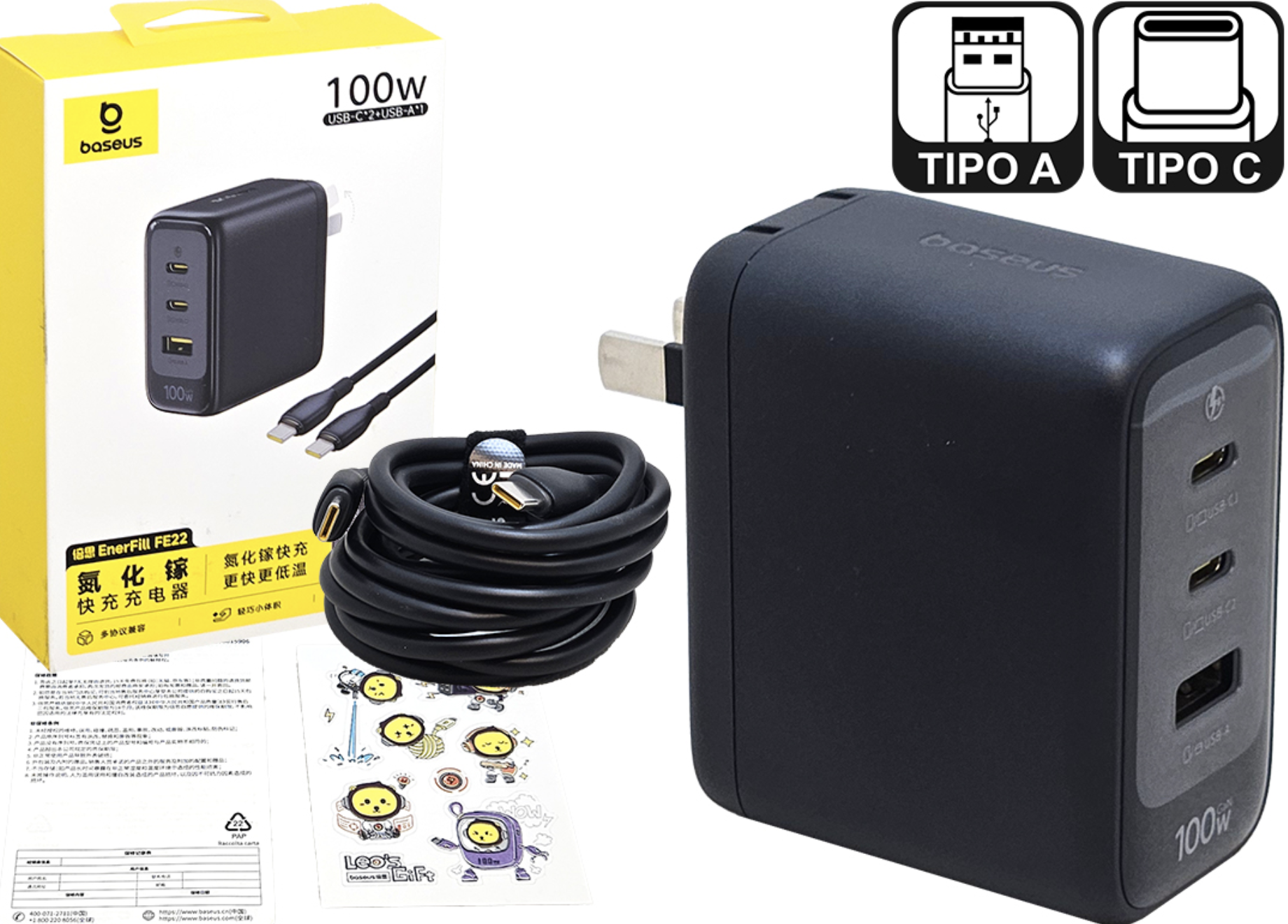 CARGADOR 220V 5V 9V 12V 15V 20V 2XUSBTIPOC 1XUSBH 100W BASEUS 2C1A ENERFILL FE22 E01239 TECNOLOGIA GAN INCLUYE CABLE USB TIPO C A TIPO C