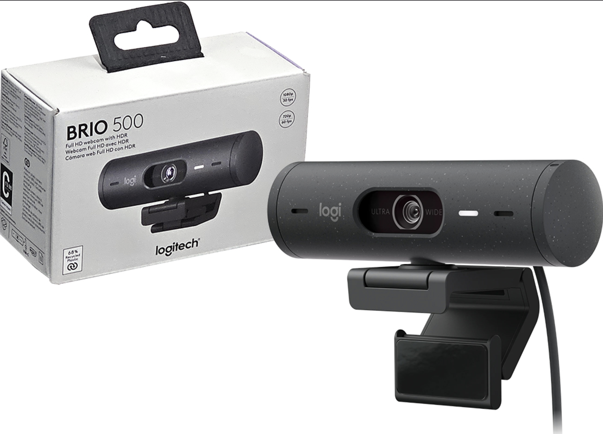 WEBCAM LOGITECH BRIO 500 4 MPX 720P 60FPS 1080P 30 FPS FULL HD CON HDR DUAL MICROFONO AUTO CORRECCION DE ILUMINACION CABLE USB TIPO C INLCUYE ADAPTADO