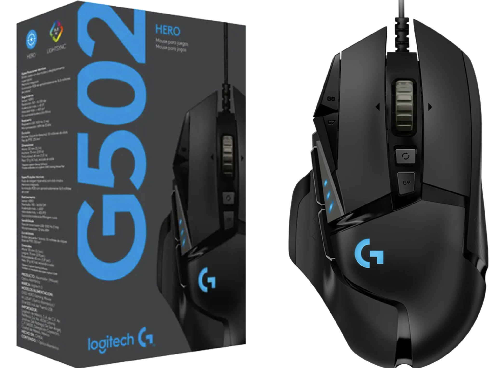 MOUSE LOGITECH G502 HERO 100 A 25600 DPI RGB 1MS PESO 121GR SENSOR HERO PROCESADOR 32BIT ARM NEGRO