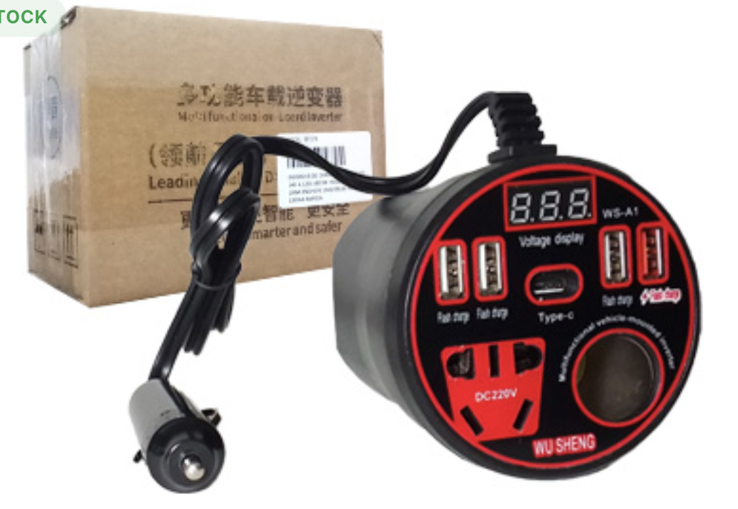 INVERSOR DE CORRIENTE WS-A1 12V 24V A 220V 4XUSB 1XUSBTIPOC 1X220V HASTA 60W ENCHUFE UNIVERSAL DISPLAY CARGA RAPIDA