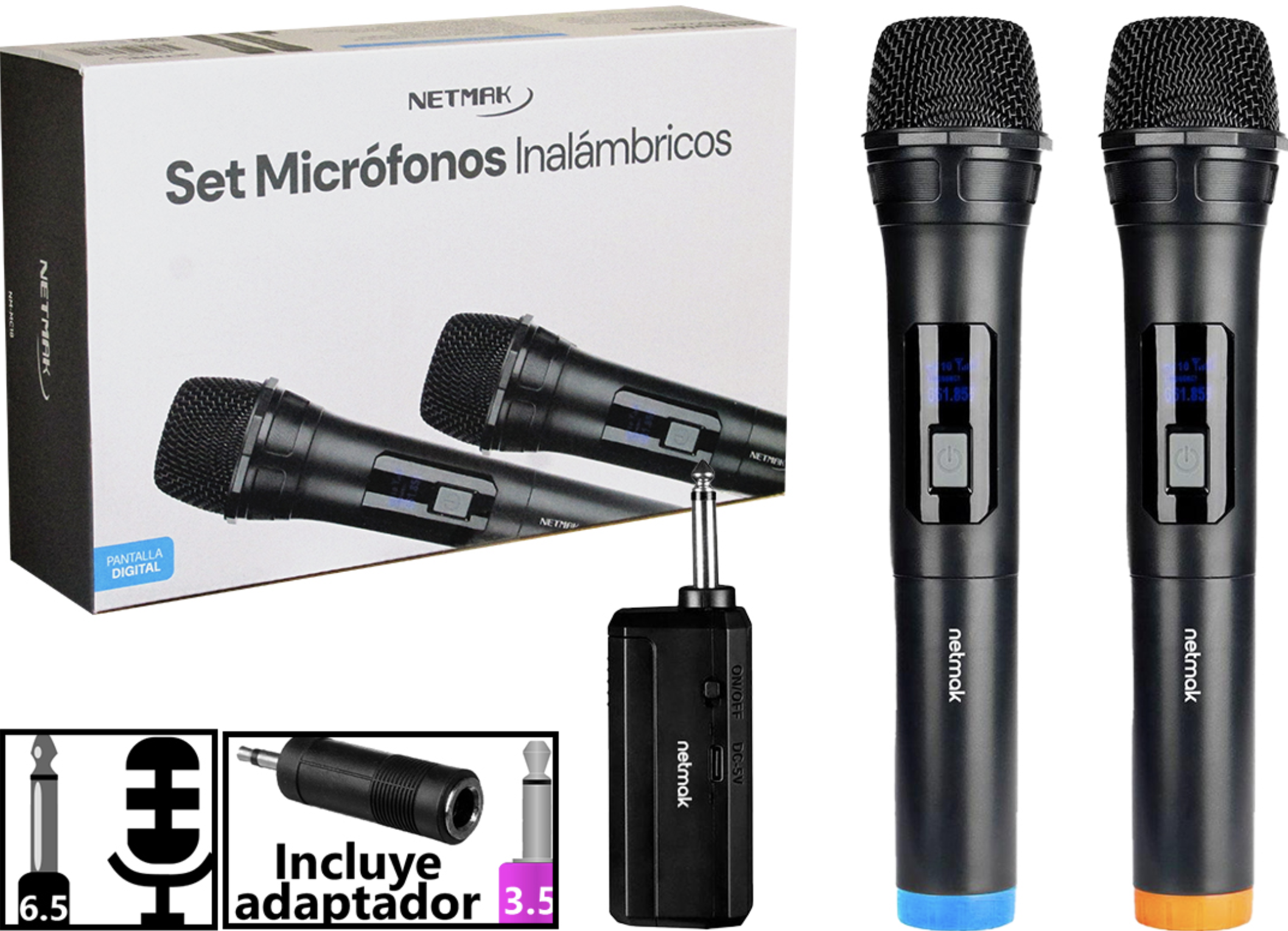 MICROFONOS NETMAK NM-MC18 2XUNIDADES ALCANCE 10 MTS INALAMBRICO INCLUYE DONGLE 6.5MM A 3.5MM A BATERIA 14500 3.7V INCLUIDA MICROFONOS USA 2XAAA NO INC