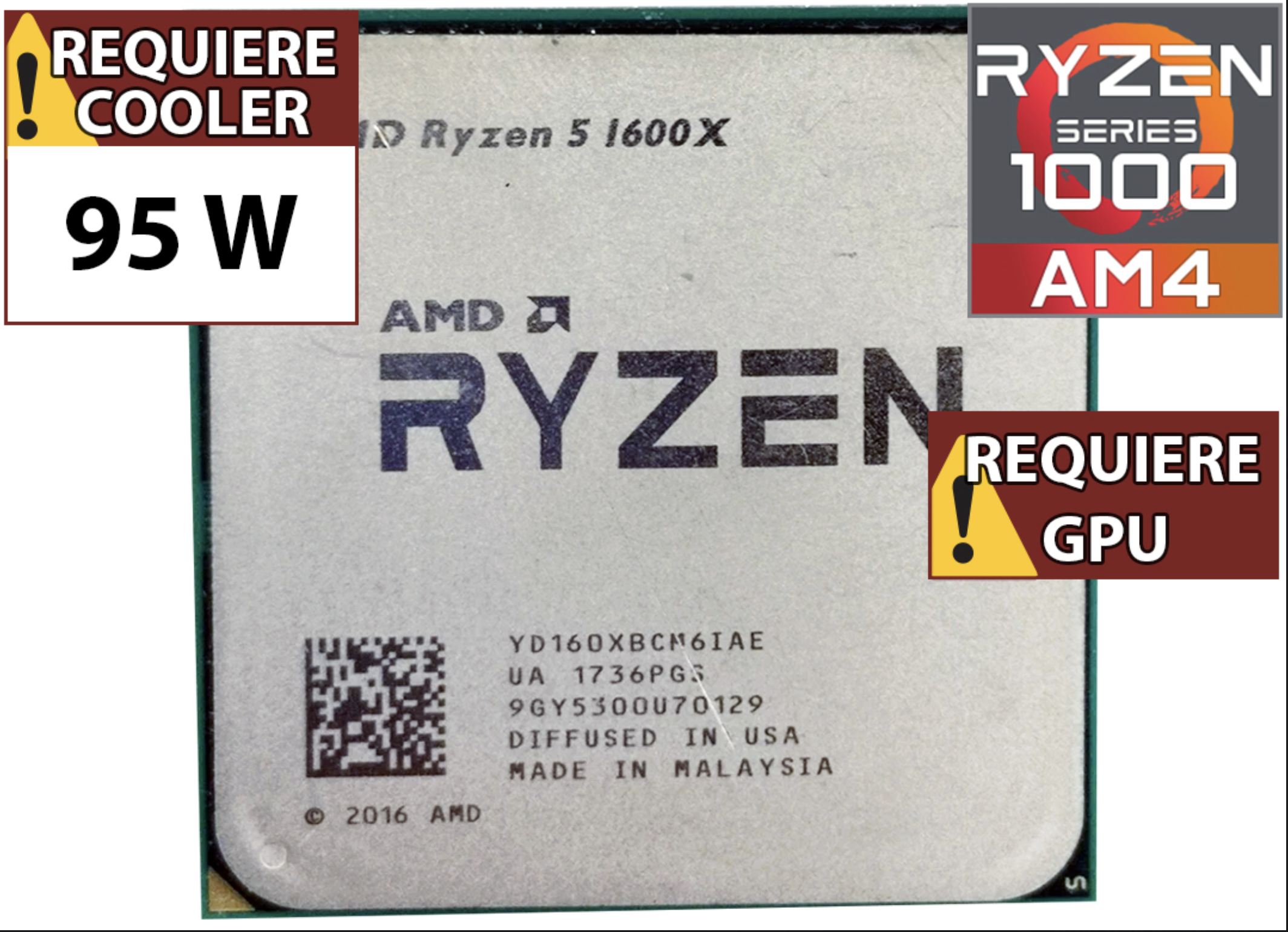PROCESADOR AMD RYZEN 5 1600X 3.6GHZ 6 NUCLEOS 12 HILOS 16MB CACHE TDP 95W AM4 - OUTLET - USADO - OEM - NO TRAE VIDEO SIN CAJA NI COOLER VENTILADOR