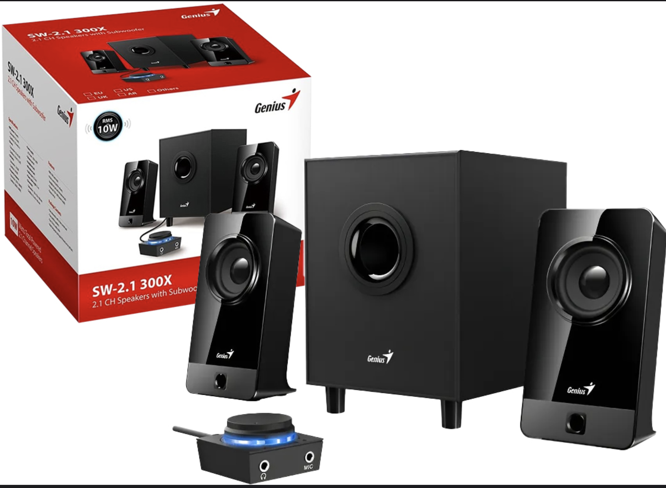 PARLANTES GENIUS SW-2.1 300X 10W CONTROLADORA DE AUDIO Y MICROFONO ALIMETENCION 220V NEGRO