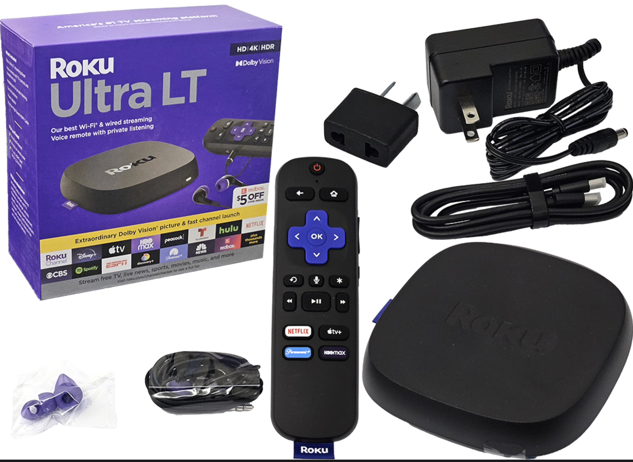 REPRODUCTOR MULTIMEDIA ROKU 4801RW ULTRA LT 4K HDR 1XHDMI 1XRJ45 1XJACK3.5MM INCLUYE CONTROL CABLE HDMI AURICULAR Y TRANSFORAMDOR 12V 1A 5.5X2.5MM NEG