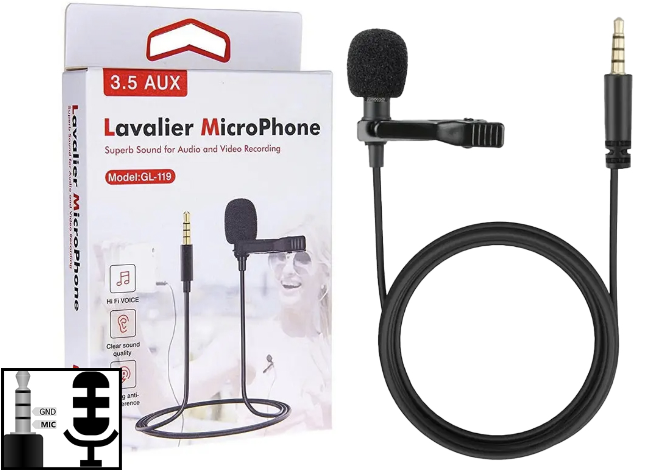 MICROFONO CORBATERO LAVALIER GL-119 CONECTOR PLUG 3.5MM 4 POLOS CTIA CABLE 1.5 MTS - NO FUNCIONA EN PC