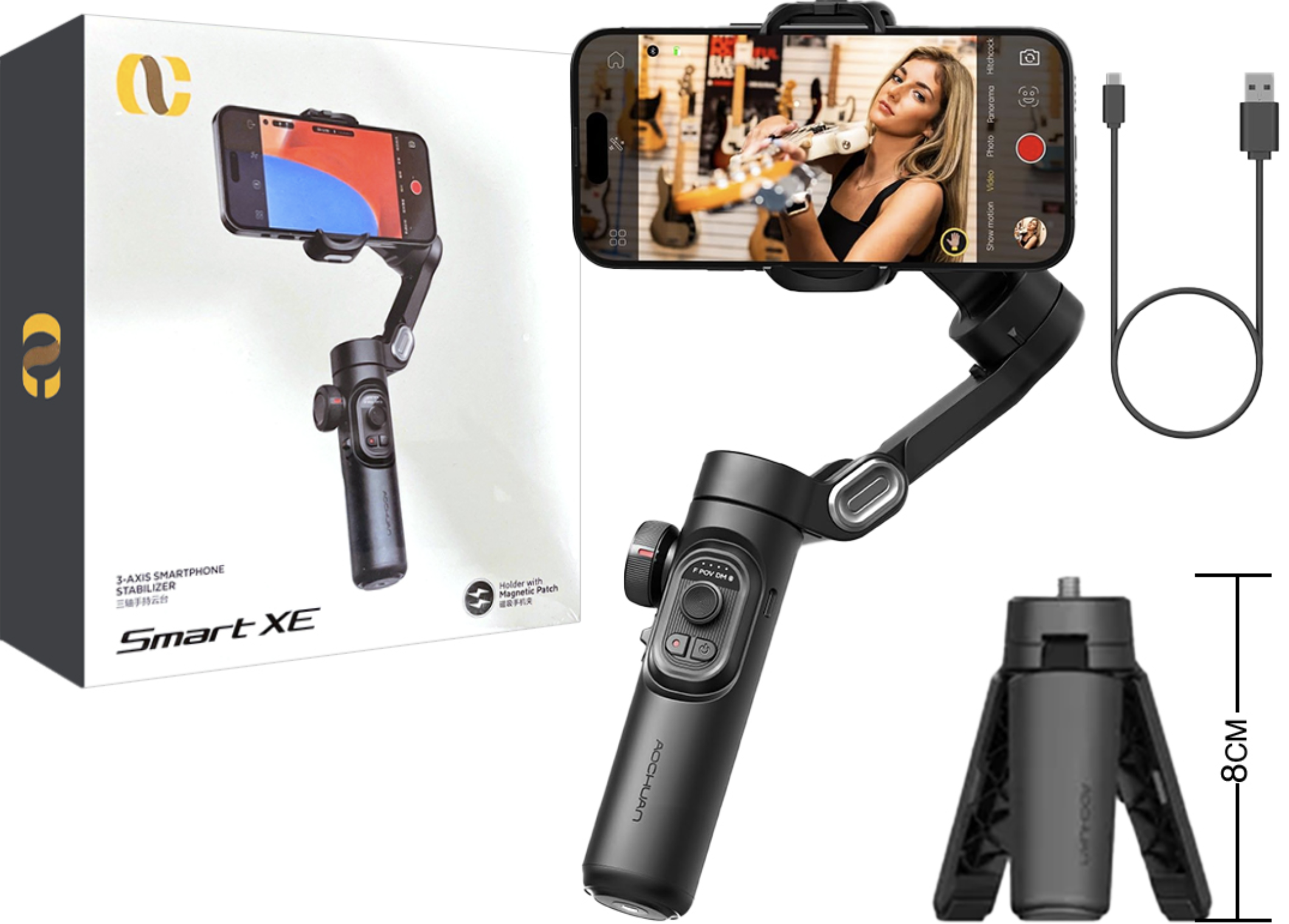 PALO ESTABILIZADOR DE IMAGEN Y VIDEO AOCHUAN SMART XE 3 EJES 360 GRADOS CONTROL DE ZOOM Y FOCUS PLEGABLE BLUETOOTH ROSCA UNIVERSAL - INCLUYE MINI TRIP