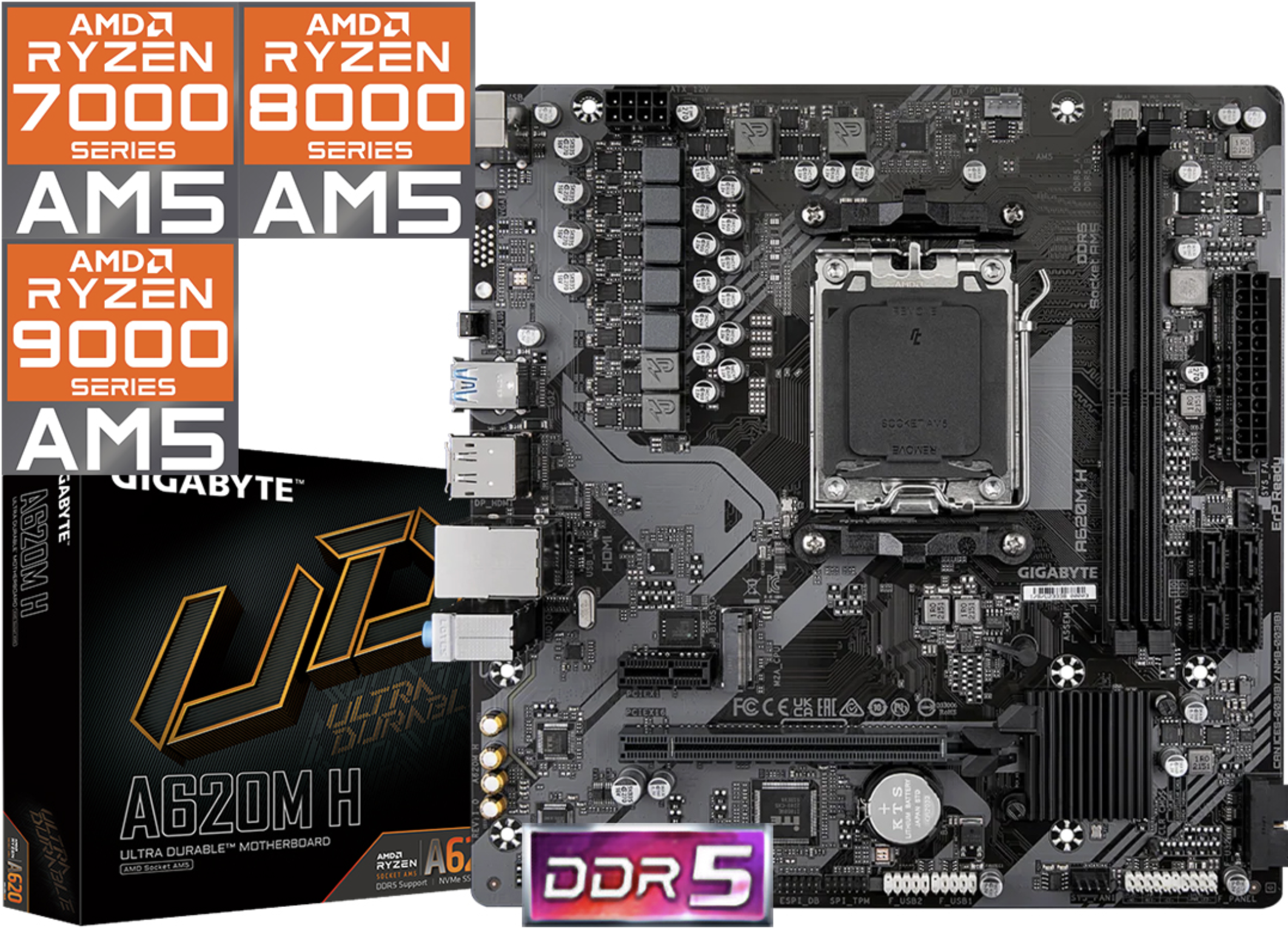 MOTHER GIGABYTE A620M H 1XDISPLAYPORT 1XHDMI 2XDDR5 6XUSB 1XPCIEX16 1XPCIEX1 1XM2 4XSATA RJ45 7.1 AM5 RYZEN SERIE 7000 8000 9000 HASTA 120W - NO FUNCI