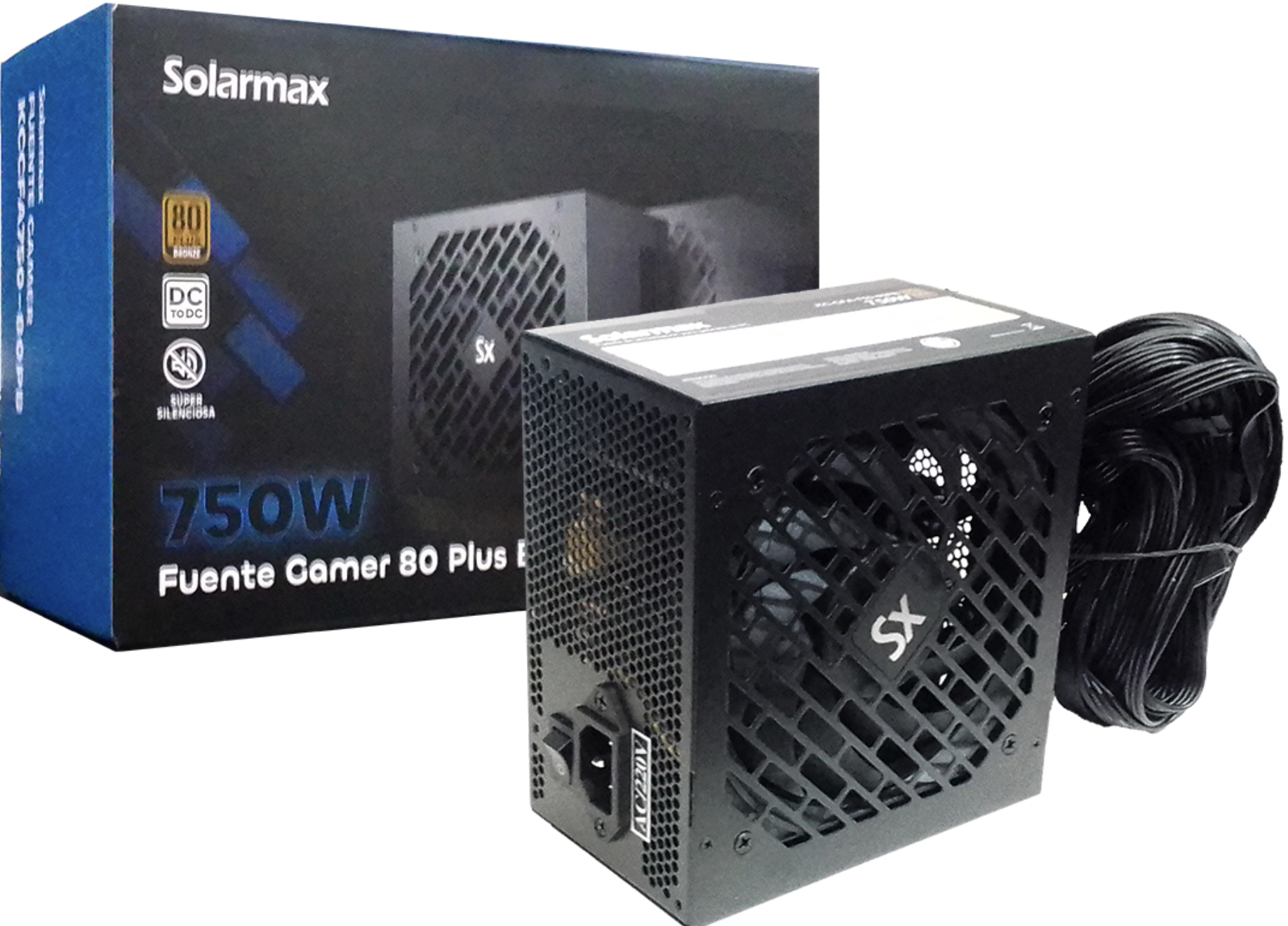 FUENTE SOLARMAX 750W 80 PLUS BRONZE 1X24PINES 2X8PINES(4+4) 2X8PINESPCIE(6+2) 4XSATA 3XMOLEX +12V 62.5A