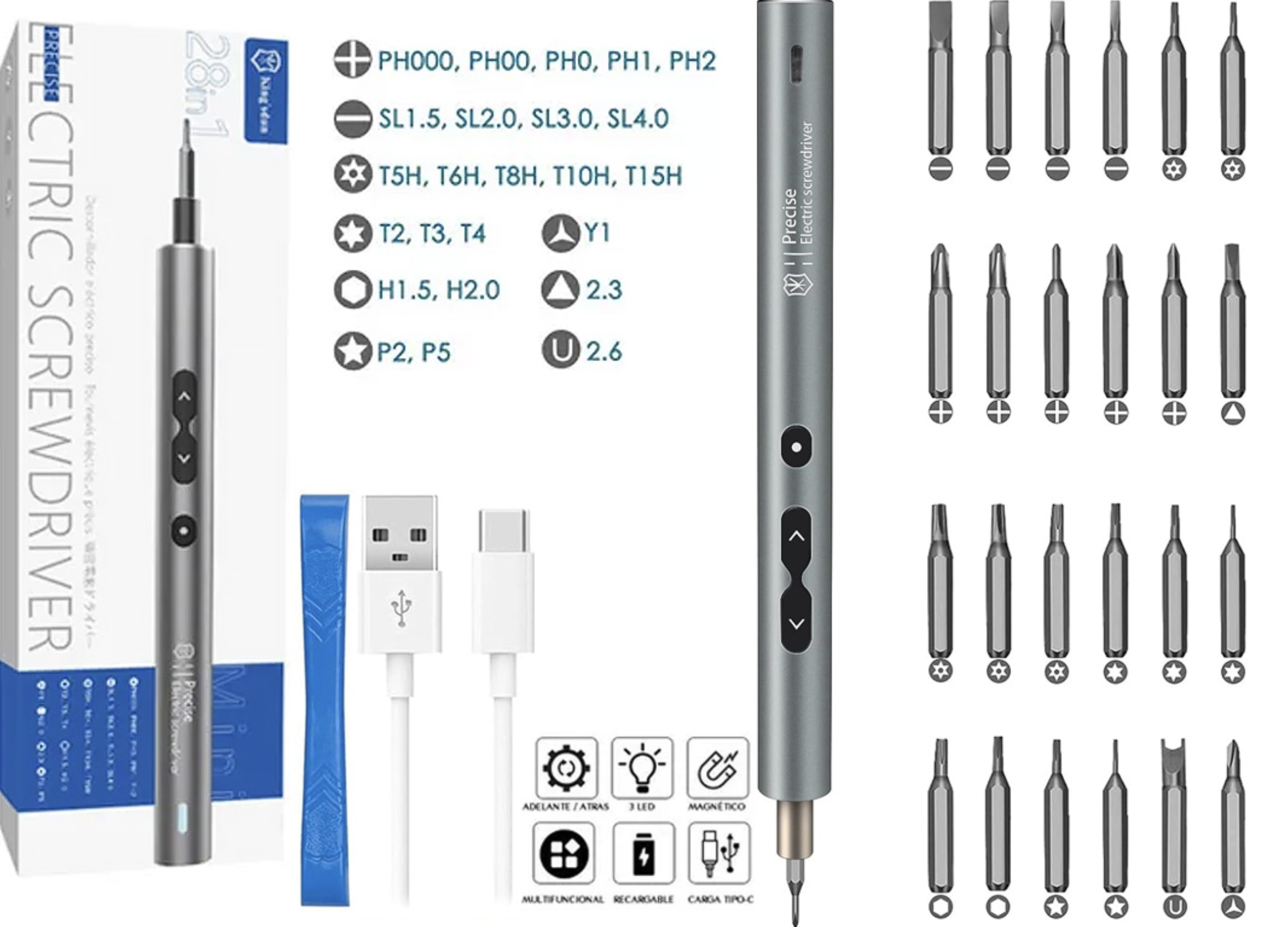 KIT DE DESTORNILLADORES 28 EN 1 A BATERIA RECARGABLE MAGNETICOS DESTORNILLADOR IMANTADO PARA CELULARES COMPUTADORAS TABLETS
