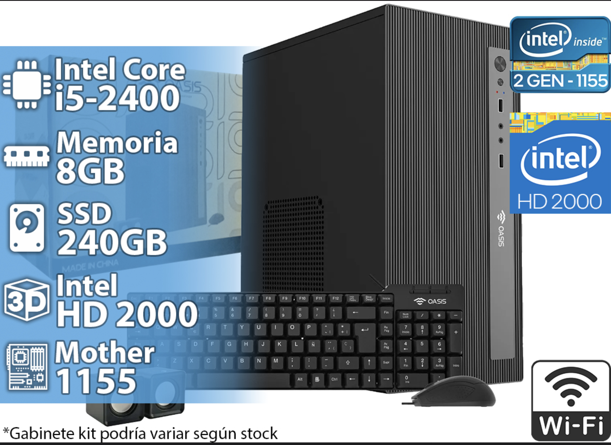 CPU INTEL I5-2400 QUADCORE 3.4GHZ 8GB 240GB WIFI VGA HDMI OFICINA INTERNET TRAE TCL MS PL CABLE 220V SIN SISTEMA OPERATIVO - REACONDICIONADA - SIN DET