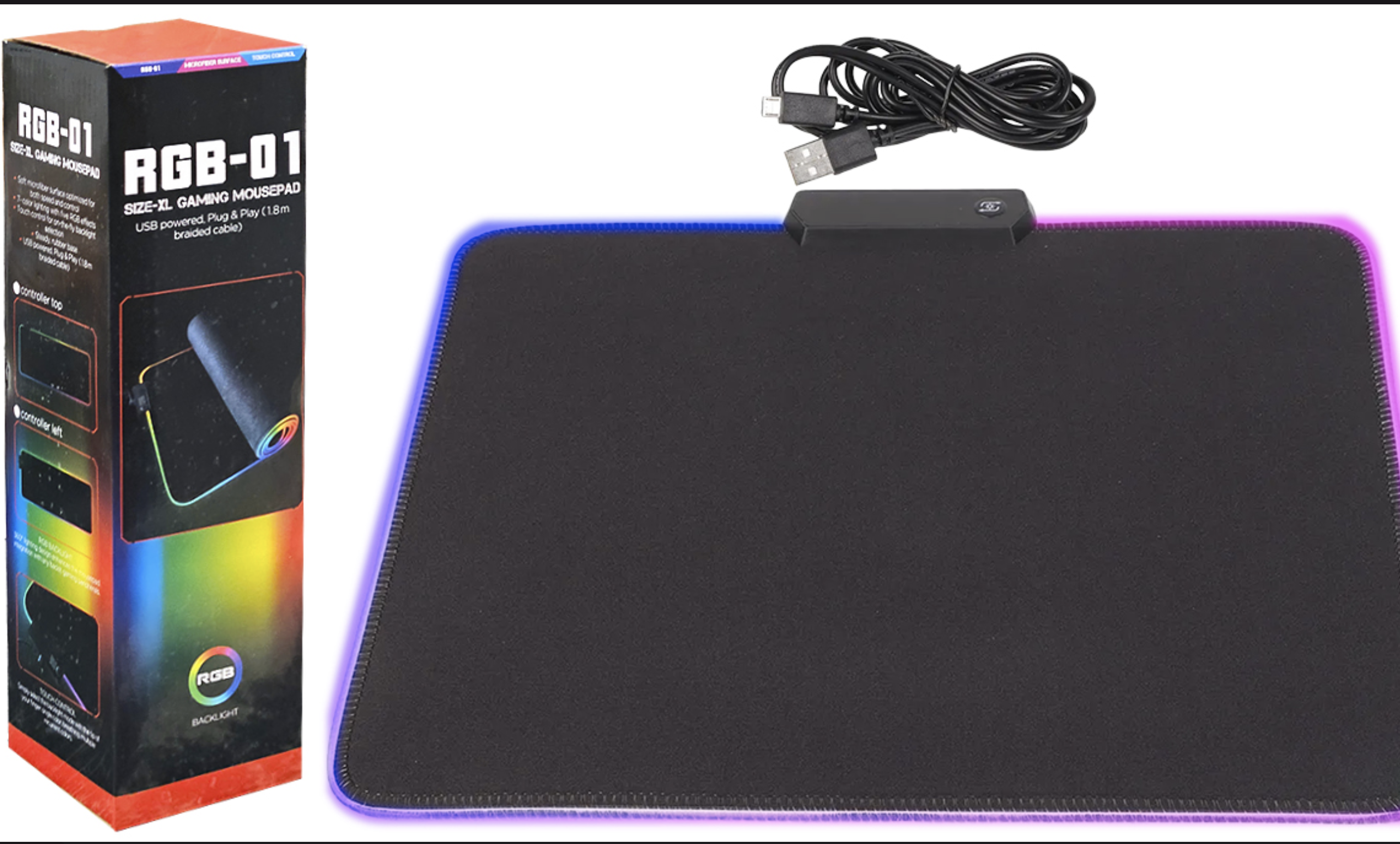 PAD MOUSE RGB-01 CON LUZ NEON 7 MODOS CONFIGURABLES RGB INCLUYE CABLE MICRO USB 1.8MTS FORMATO SPEED BORDES COCIDOS DIMENSIONES 35X25X0.4CM
