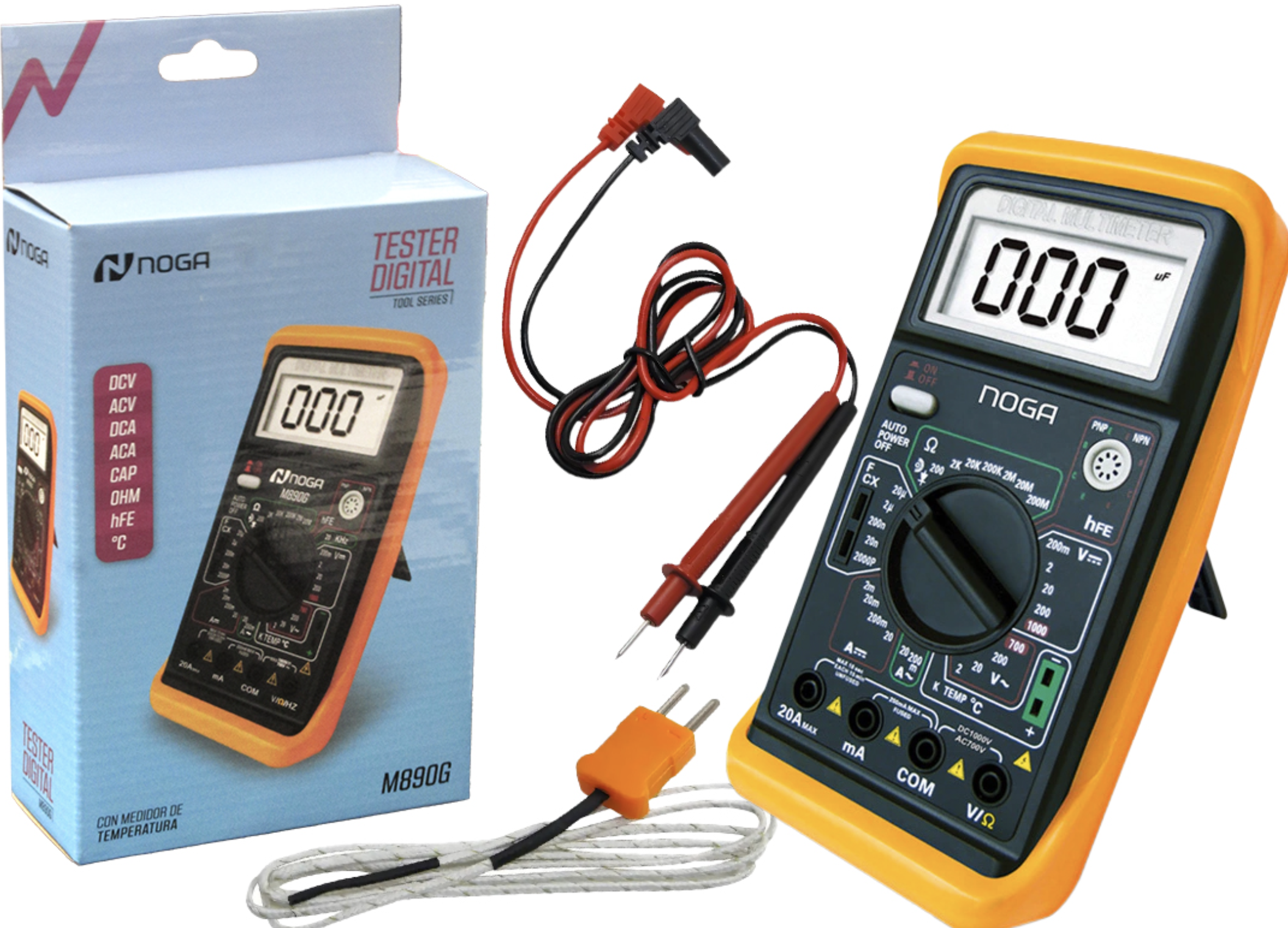 TESTER DIGITAL M-890G MEDIDOR DE TEMPERATURA ZUMBADOR DE CONTINUIDAD DCV ACV DCA OHM HFE ÂºC INCLUYE CABLES DE MEDICION Y TEMPERATURA USA BATERIA 9V N